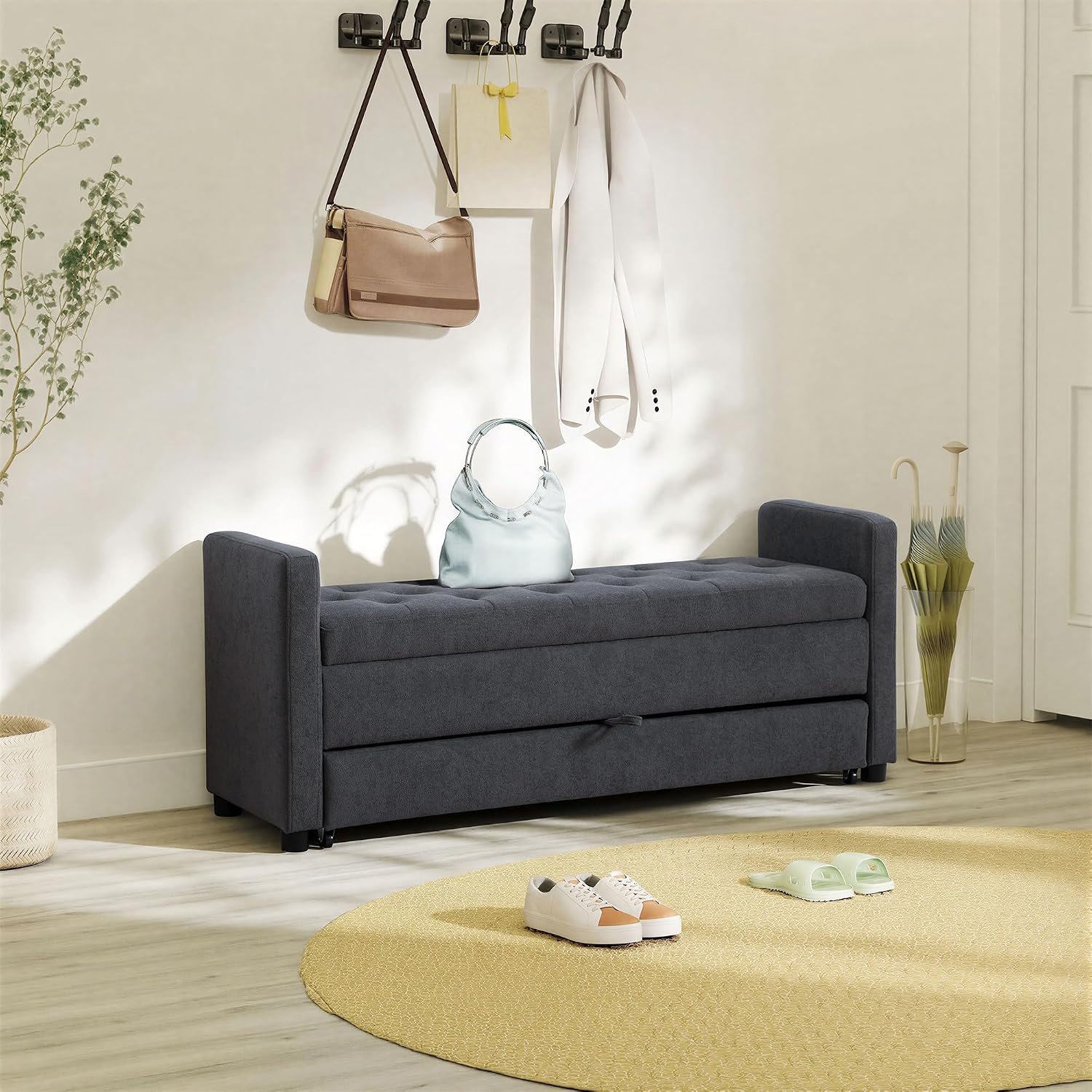 Chifee & Vingol 58.27" W Ottoman Bench with Double Storage Space, Upholstered End of Bed Storage Bench Entryway Shoe Benches,Gray