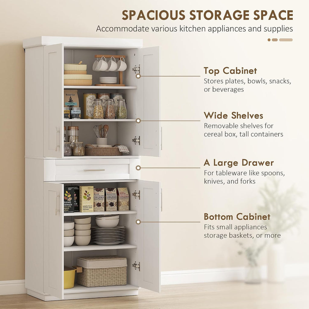 HOMCOM 72" Kitchen Pantry Cabinet Freestanding Storage Cabinet White | 4 Doors, Drawer, 3 Adjustable Shelves, for Dining Room