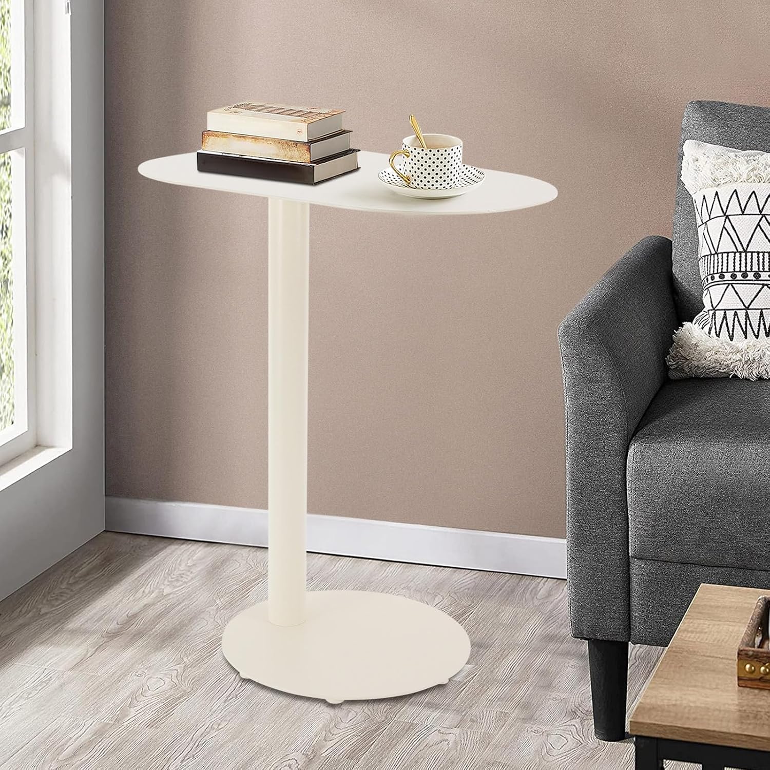 C-Shaped Side Table, Metal Coffee and Bedside Table, Small Cream White End Table for Couch Sofa and Bed, Living Room, Bedroom, and Office Use, 20" x 14" x 25"