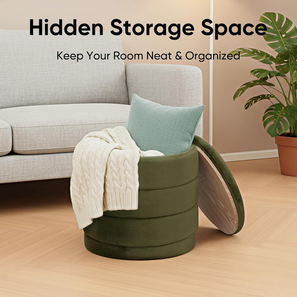 15.4" Round Velvet Storage Ottoman with Reversible Lid, Upholstered Circular Ottoman Footrest with Hidden Storage, Foldable Padded Footstool for Dorm Living Room & Bedroom, Olive Green