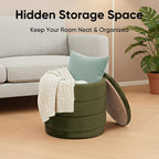 15.4" Round Velvet Storage Ottoman with Reversible Lid, Upholstered Circular Ottoman Footrest with Hidden Storage, Foldable Padded Footstool for Dorm Living Room & Bedroom, Olive Green