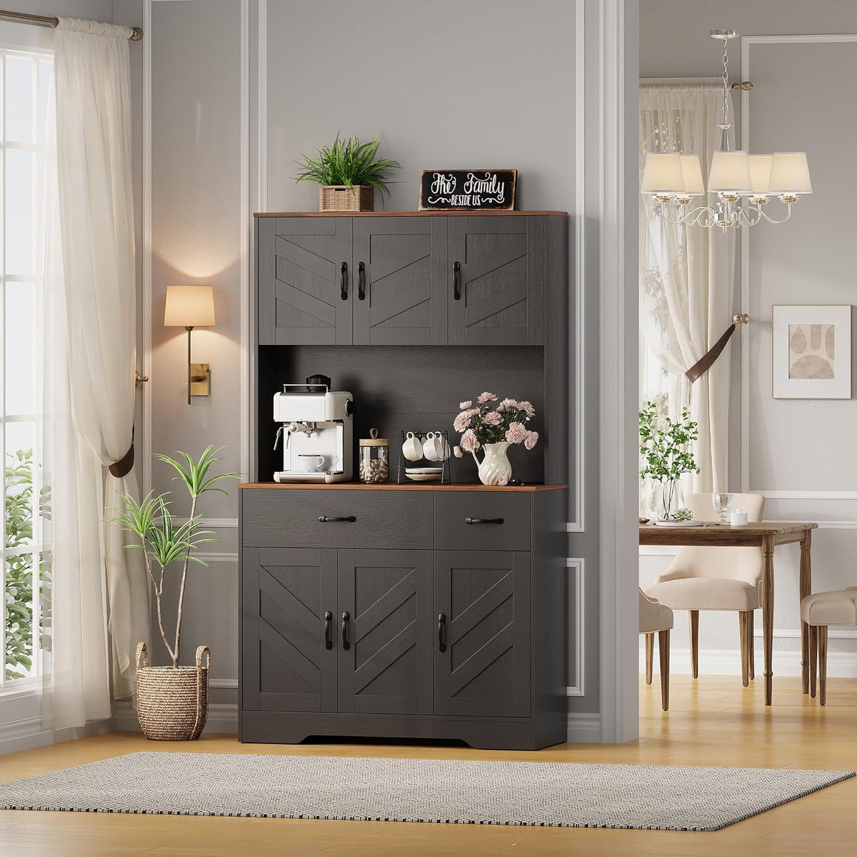 IDEALHOUSE 71" Kitchen Pantry Storage Cabinet with Charging Station, Farmhouse Kitchen Hutch Cabinet with 2 Storage Drawers, Large Food Pantry with Microwave Stand for Dining Room,Living Room,Black