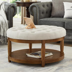 RENSGO 32.5" Large Round Upholstered Tufted Linen Ottoman Coffee Table, Large Footrest Ottoman with Wood Shelf Storage- Ivory
