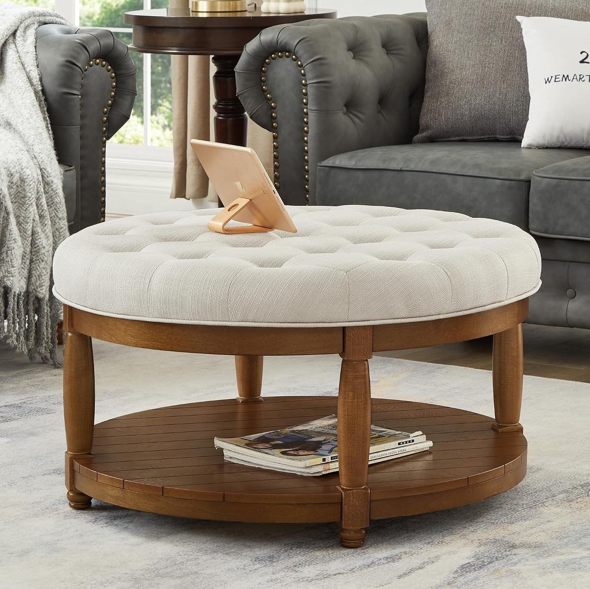 RENSGO 32.5" Large Round Upholstered Tufted Linen Ottoman Coffee Table, Large Footrest Ottoman with Wood Shelf Storage- Ivory