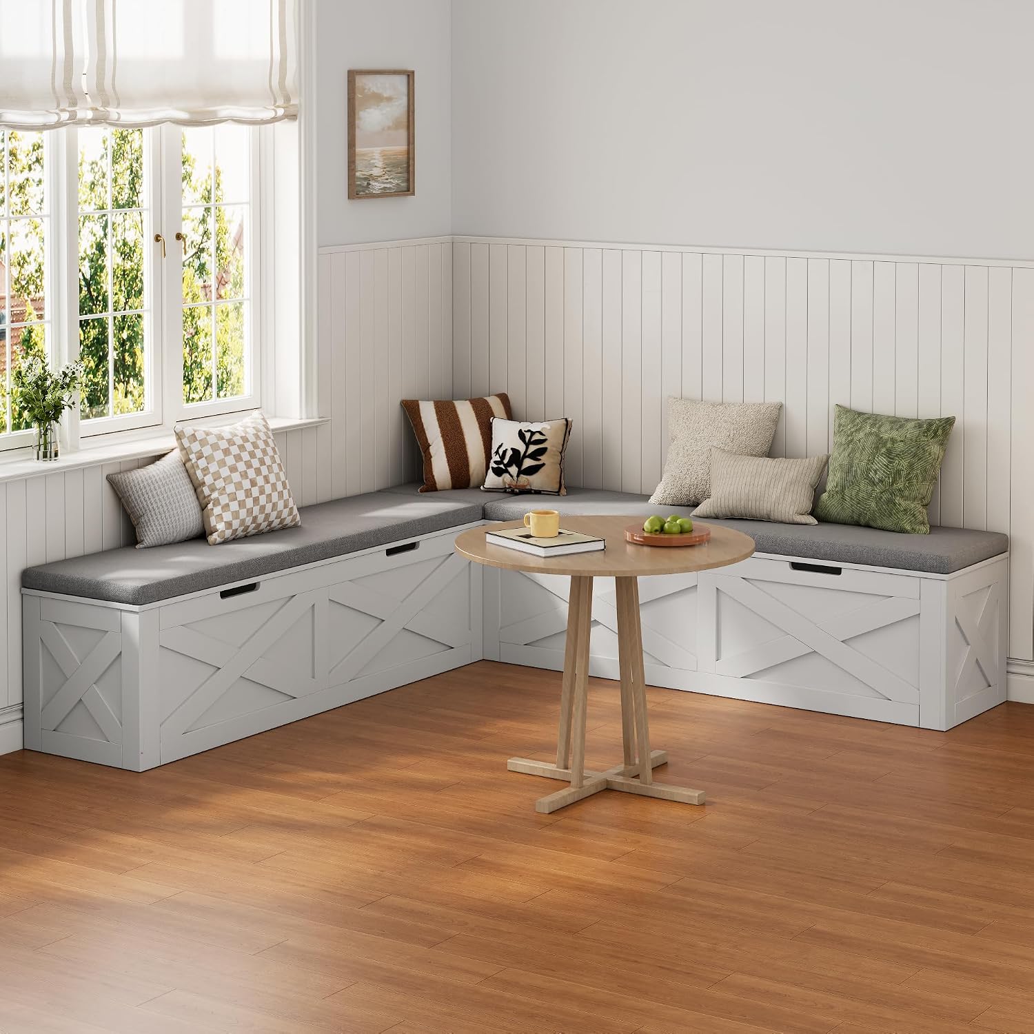 Mekminop Kitchen Breakfast Nook Bench with Cushions, L Shape Corner Storage Bench, Wood Flip-Top Dining Benches with Hidden Storage, for Reading Nook, Entryway, Cloakroom, White + Grey