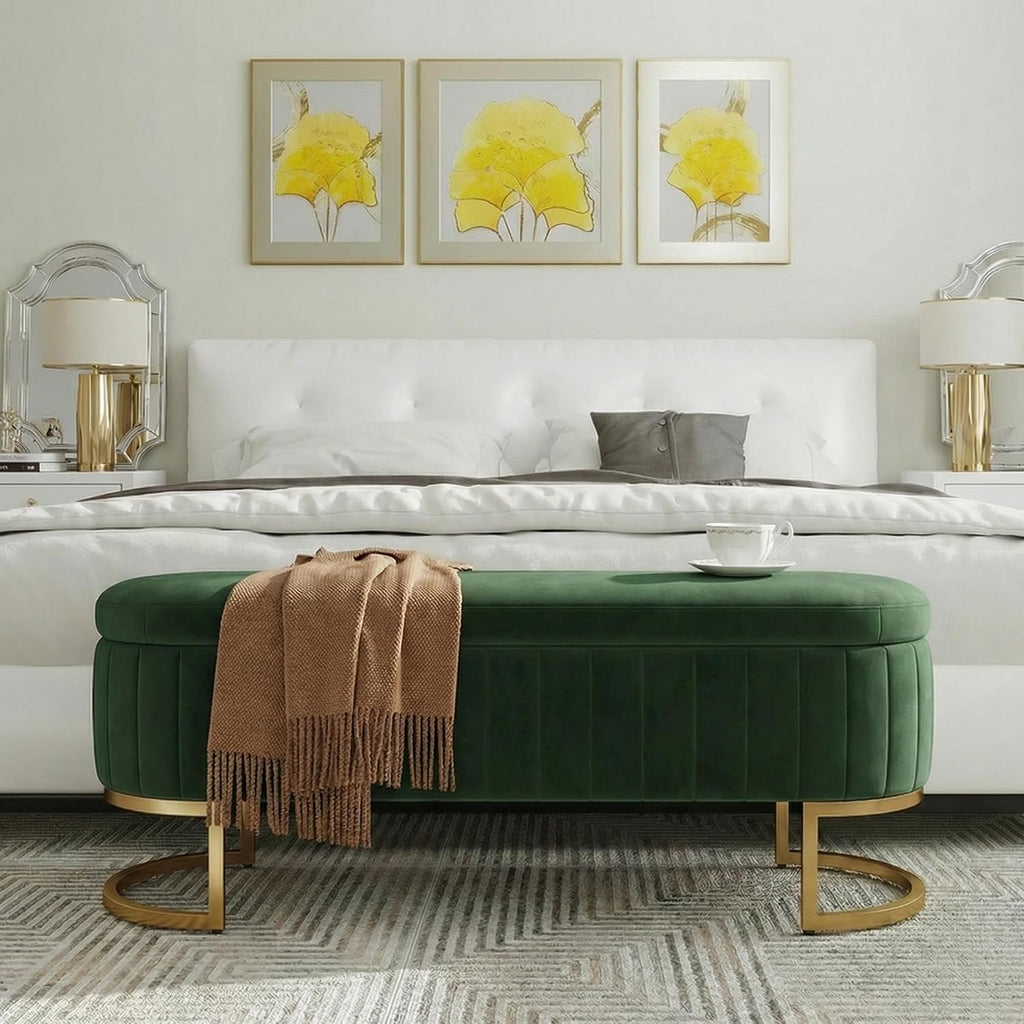 65" Velvet Storage Ottoman Bench End of Bed for Bedroom Entryway Green | Velvet Large Storage Solid Wood with Metal Leg 300 lbs Weight