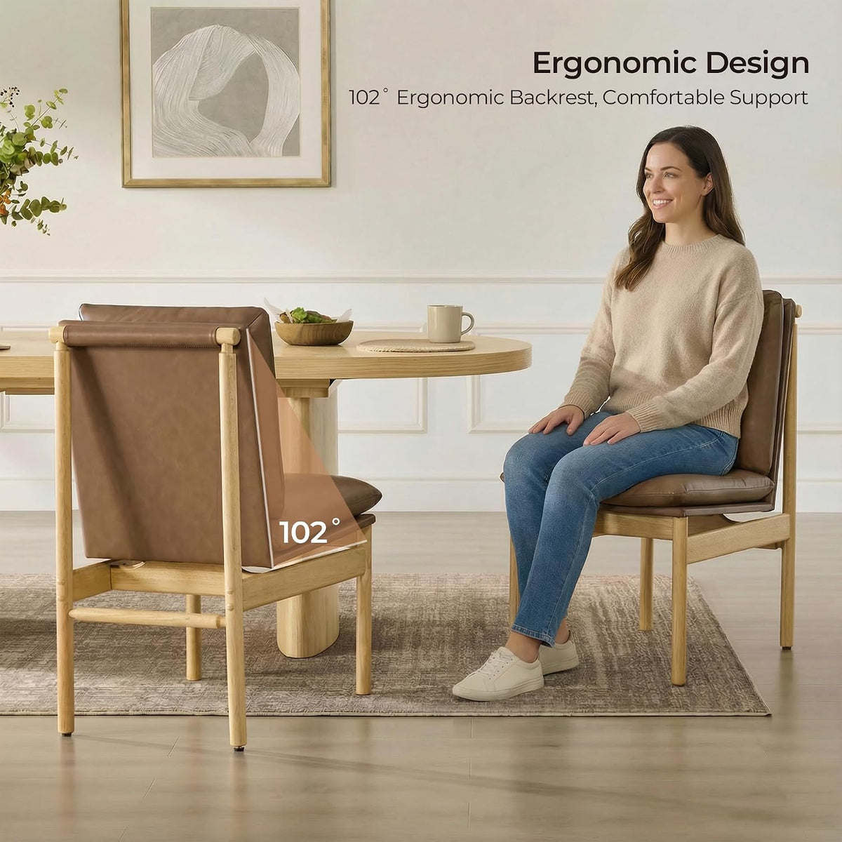 CHITA Dining Chairs Set of 2, Mid Century Modern Upholstered Kitchen Chairs with FSC-Certified Rubberwood Legs & Padded Seats,Saddle Brown