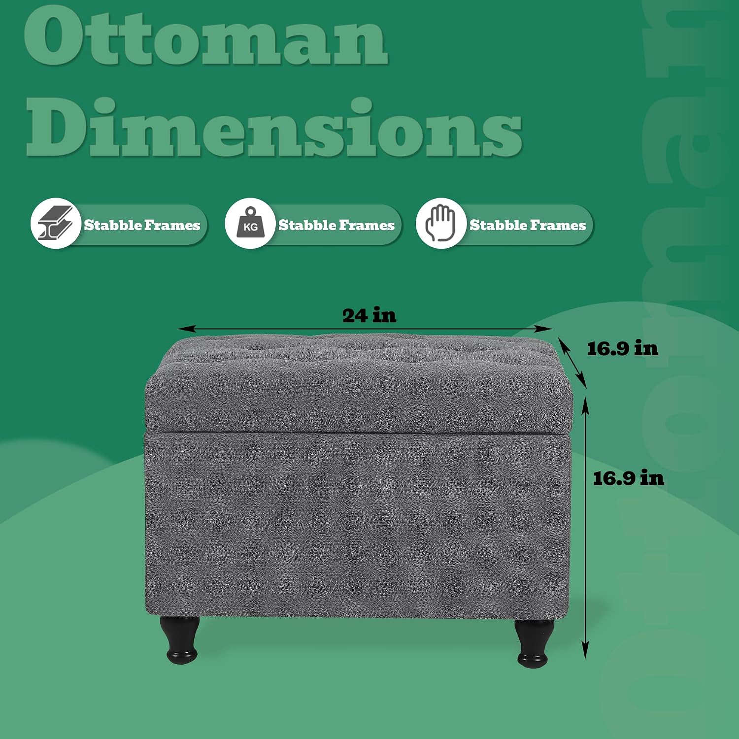 Ottoman with Storage 24'' Storage Ottomans Fabric Ottoman Footstools Small Upholstered Foot Rest Stool for Couch, Living Room, Bedroom, Entrance Shoe Bench Grey