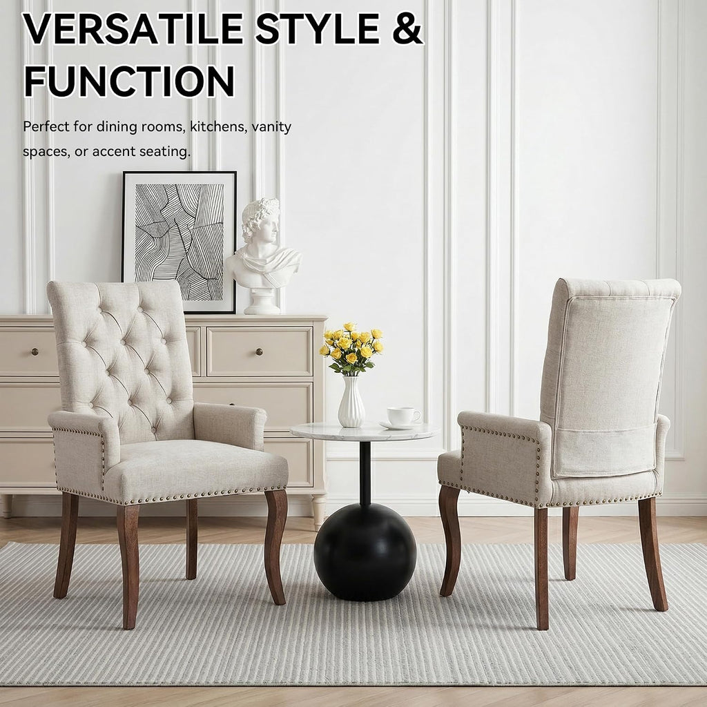 Farmhouse Upholstered Dining Chair Set of 2 with Arms & Nailhead Trim, Tufted Chenille Kitchen Chairs with Solid Wood Legs, Accent Chair for Dining Room, Living Room & Bedroom, Beige