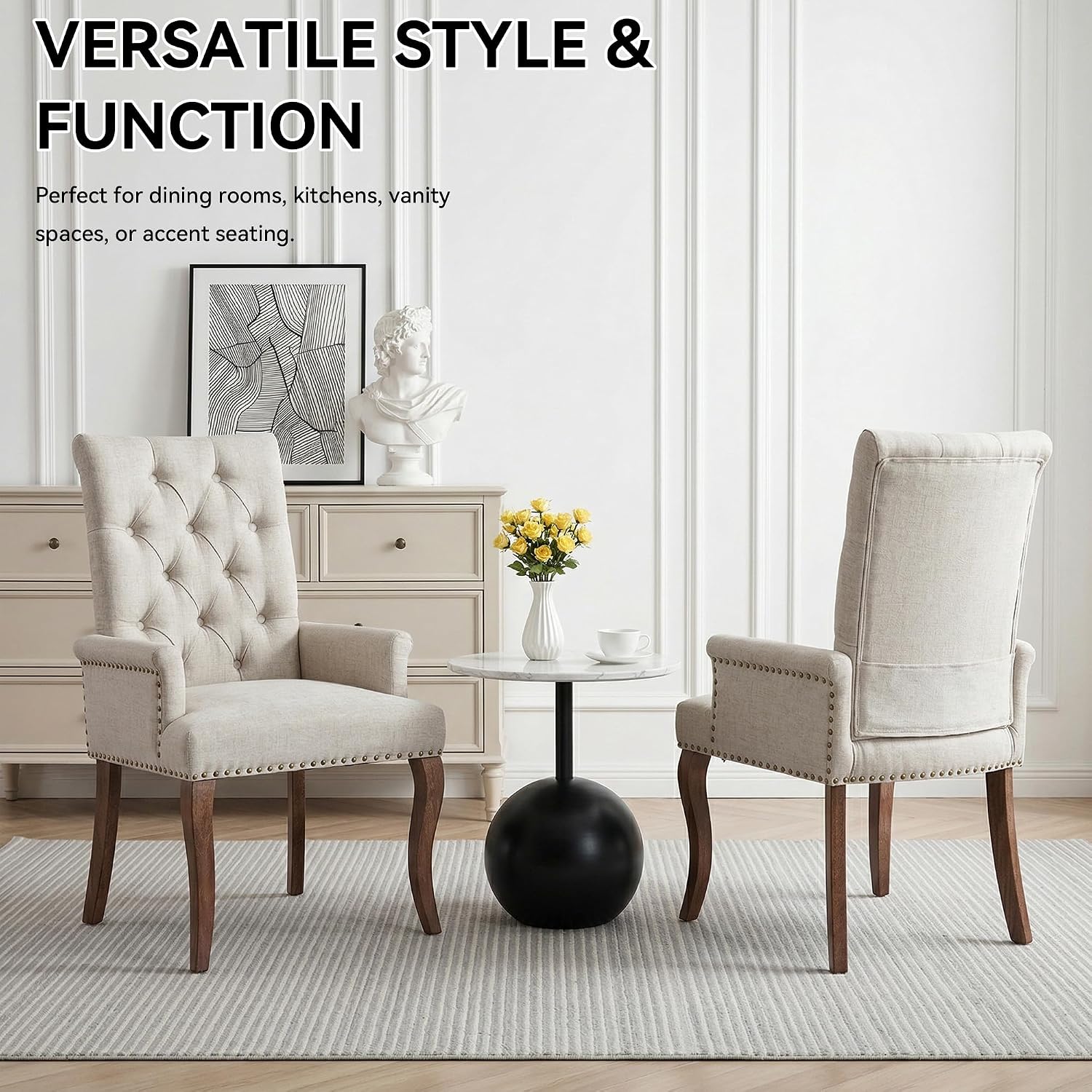 Farmhouse Upholstered Dining Chair Set of 2 with Arms & Nailhead Trim, Tufted Chenille Kitchen Chairs with Solid Wood Legs, Accent Chair for Dining Room, Living Room & Bedroom, Beige