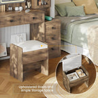 AOGLLATI Farmhouse Vanity Desk with Mirror and Lights, Makeup Vanity Set with Lights & Jewelry Cabinet & 5 Drawers, Vanity Table with Charging Station, Hidden Storage Space for Bedroom, Brown