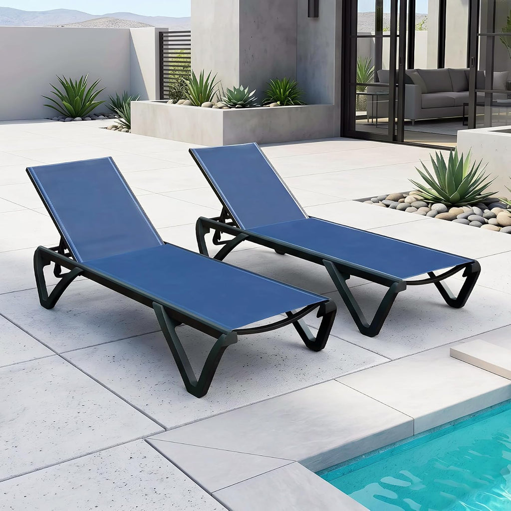 Domi Aluminum Pool Lounge Chair Outdoor Set of 2 Chaise Lounge Outdoor | Wheels, Adjustable, Textilene, Navy Blue, All Weather, Poolside, Backyard, Patio, Deck, Outside