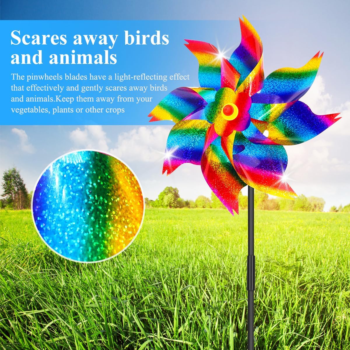 6Pcs Sparkly Pinwheels for Yard and Garden, Reflective Colorful Wind Spinners Yard Decorations Outdoor Windmill, 9.5in Garden Pinwheels to Scare Birds