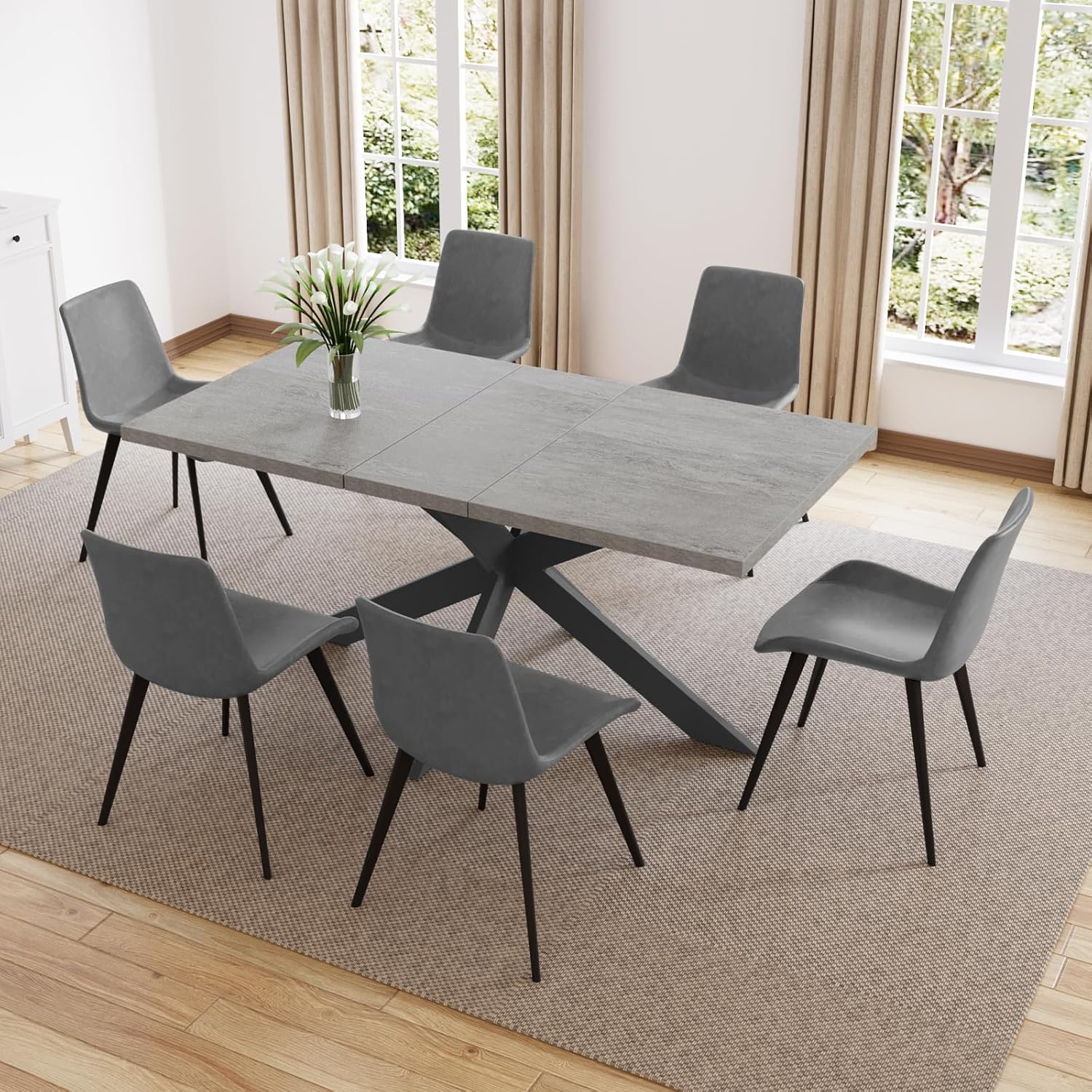 ZckyCine 51"-67" Extendable Dining Table Set with 6 Dining Chairs, Modern Rectangular Kitchen Table Set for 6-8 People, Space-Saving Expandable Dining Table with Metal Frame