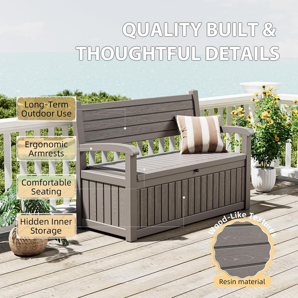 80 Gallon Lockable Deck Bench with Storage, Resin Stripes Outdoor Storage Box, Waterproof Outdoor Porch Bench for Cushions Garden Tools, and Pool Supplies, Grey