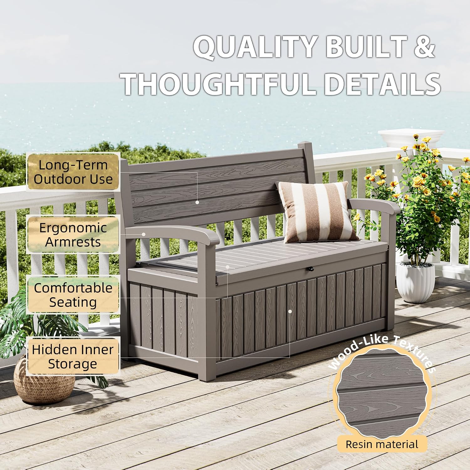 80 Gallon Lockable Deck Bench with Storage, Resin Stripes Outdoor Storage Box, Waterproof Outdoor Porch Bench for Cushions Garden Tools, and Pool Supplies, Grey