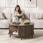 JOINICE,Round Coffee Table with Storage, 31.5" Fluted Center Table for Living Room, Modern Walnut Wood Circle Drum Table with Sliding Cabinet Door, Mid Century Furniture for Small Space