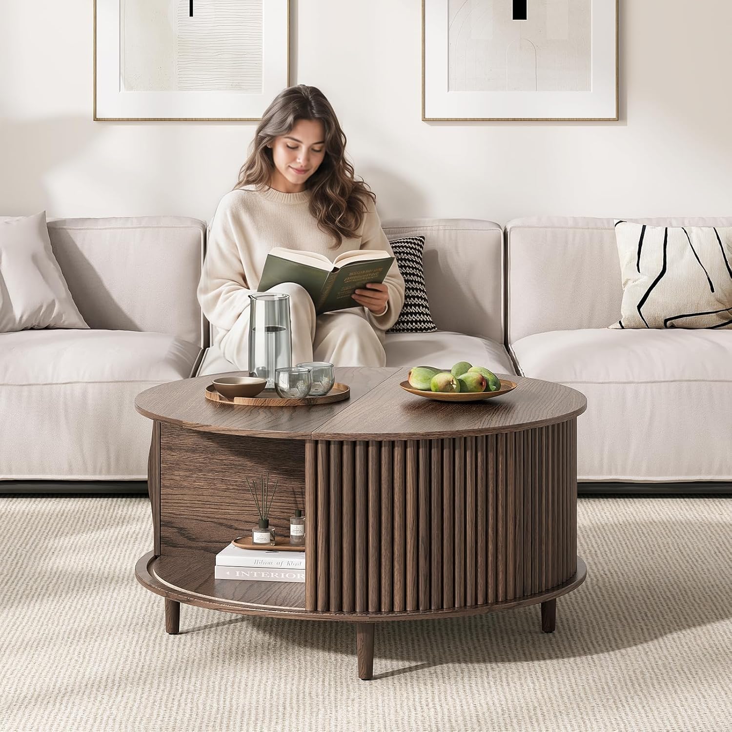 JOINICE,Round Coffee Table with Storage, 31.5" Fluted Center Table for Living Room, Modern Walnut Wood Circle Drum Table with Sliding Cabinet Door, Mid Century Furniture for Small Space
