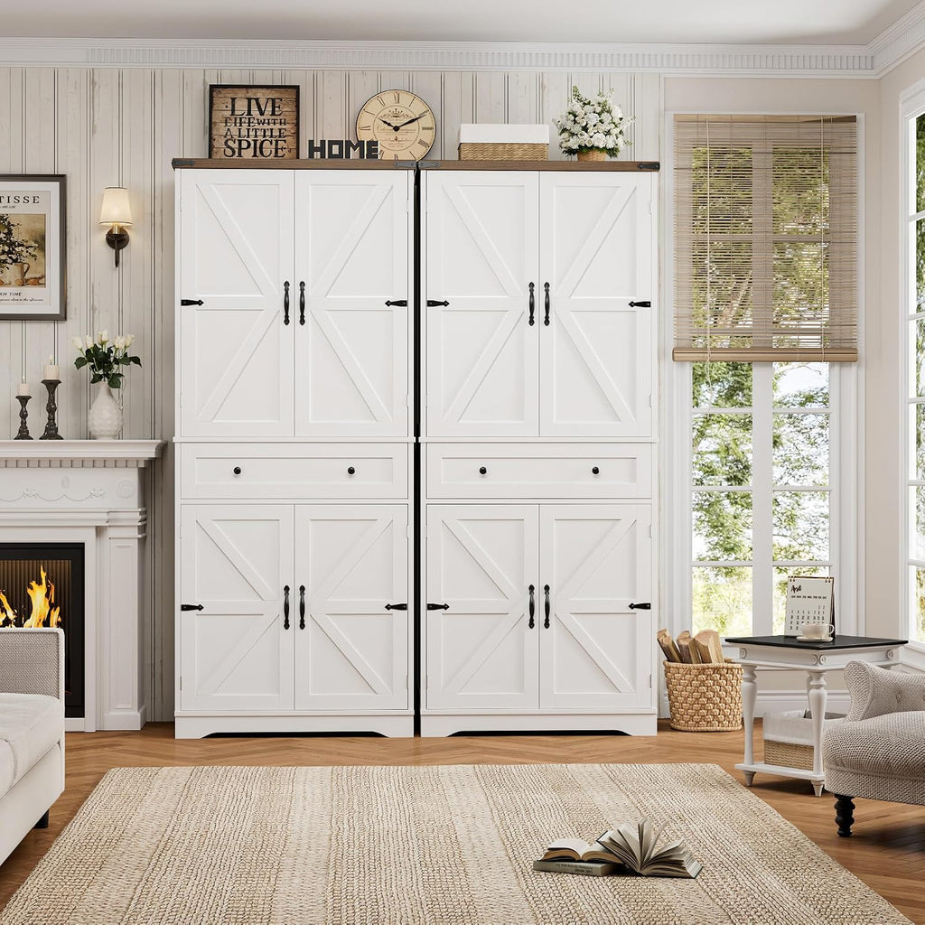HOSTACK 71" Kitchen Pantry Storage Cabinet, Farmhouse Pantry Cabinet, White | Tall Kitchen Storage Cabinet with Wide Drawer, Freestanding Food Pantry with Doors & Shelves for Dining Room, Living Room