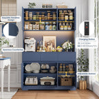 FINETONES 71" Pantry Cabinet with Power Outlets and Led Lights | Large Kitchen Hutch Storage with Microwave Stand, Tall Pantry Kitchen Cabinet with Cupboard, Blue