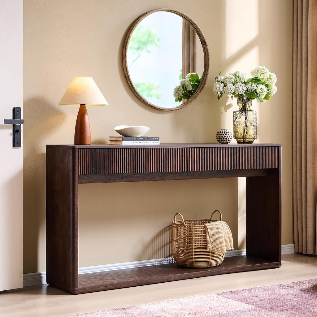 OKD 63" Fluted Console Table for Entryway with 2 Large Drawers, Dark Walnut | Modern Entryway Table, Long Sofa Table Behind Couch for Living Room, Hallway, Couch, Foyer, Versatile Storage