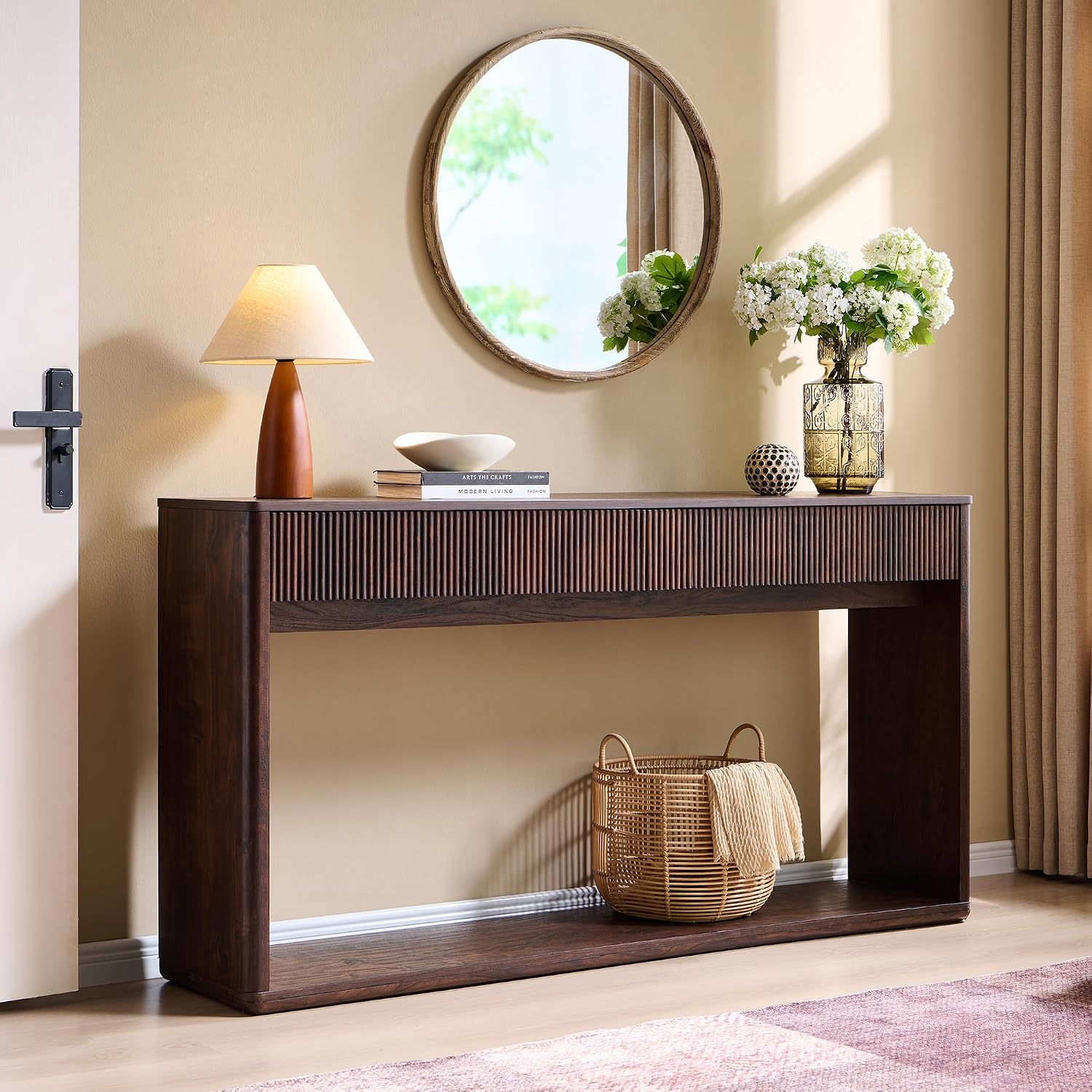 OKD 63" Fluted Console Table for Entryway with 2 Large Drawers, Dark Walnut | Modern Entryway Table, Long Sofa Table Behind Couch for Living Room, Hallway, Couch, Foyer, Versatile Storage