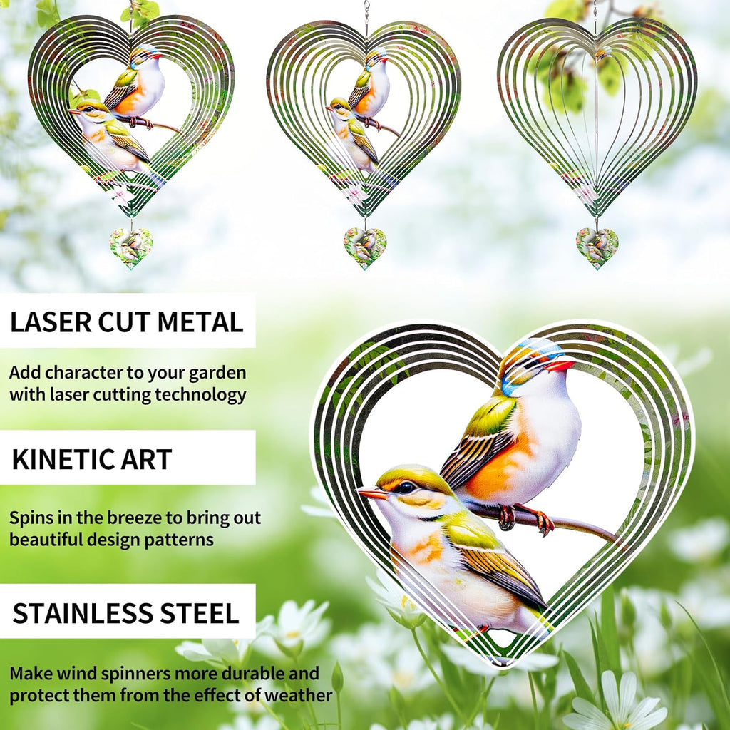3D Hummingbird Heart Wind Spinner for Outdoor Decor, Stainless Steel Hanging Wind Sculpture, Garden Gifts for Mom, Mother’s Day, Rustproof Metal Yard Art for Patio, Porch, and Bird Lovers