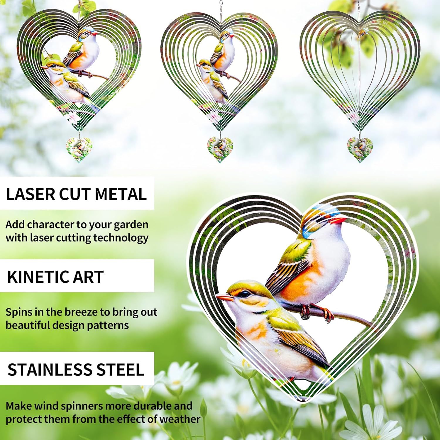 3D Hummingbird Heart Wind Spinner for Outdoor Decor, Stainless Steel Hanging Wind Sculpture, Garden Gifts for Mom, Mother’s Day, Rustproof Metal Yard Art for Patio, Porch, and Bird Lovers