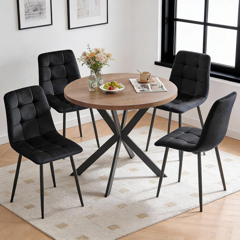 5-Piece Round Dining Table Set - Kitchen Table Chairs Set of 4 with Black Velvet Upholstered Chairs -Dining Table Set for 4