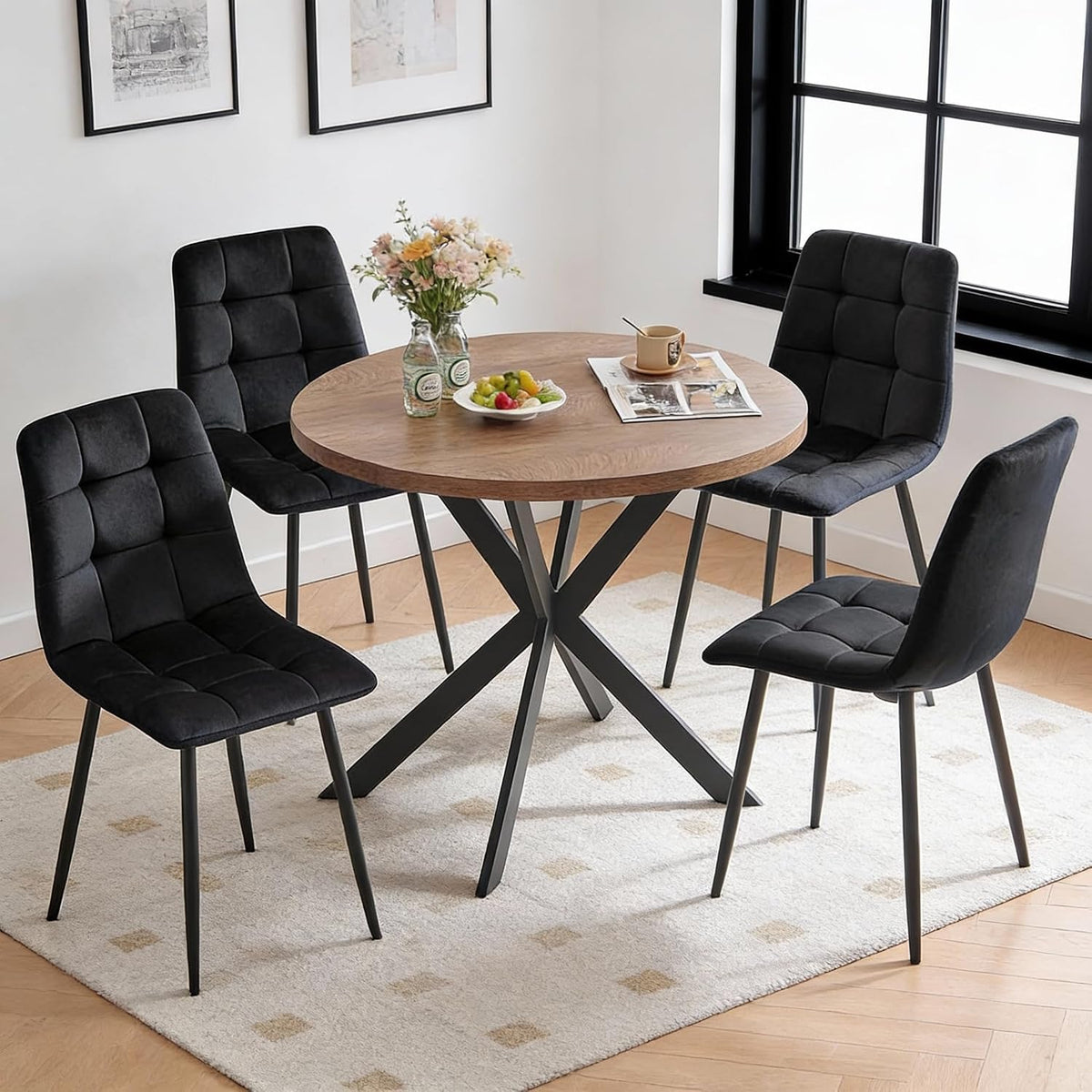 5-Piece Round Dining Table Set - Kitchen Table Chairs Set of 4 with Black Velvet Upholstered Chairs -Dining Table Set for 4