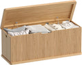 Akxomel 45.3" Fluted Storage Chest Wooden Storage Trunk 2 Safety Hinges Oak | Storage Chest with 2 Safety Hinges & Lift Top, Wooden Box Bench with Curved Profile, for Living Room, Entryway, Bedroom