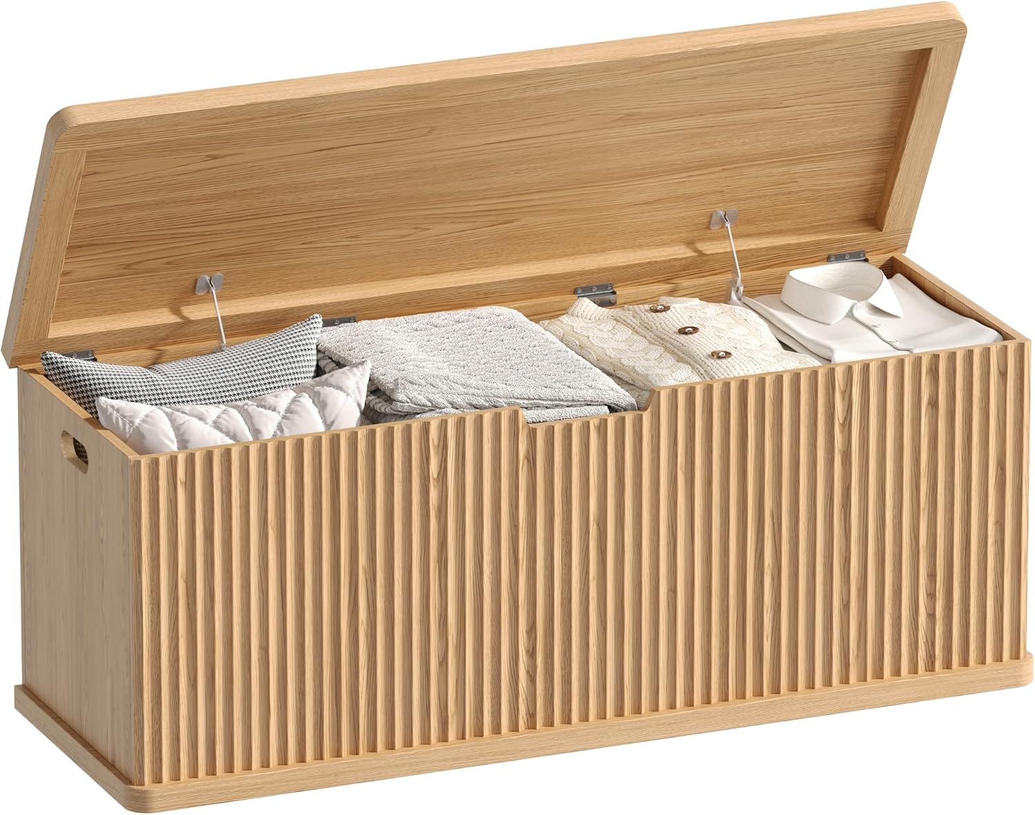 Akxomel 45.3" Fluted Storage Chest Wooden Storage Trunk 2 Safety Hinges Oak | Storage Chest with 2 Safety Hinges & Lift Top, Wooden Box Bench with Curved Profile, for Living Room, Entryway, Bedroom