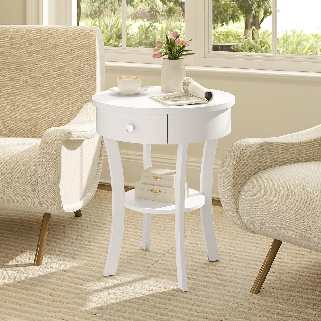 GOFLAME Round End Table with Drawer, 2-Tier Sofa Side Table with Solid Wood Legs, Open Storage Shelf, Vintage Accent Table, Display Table, Compact Nightstand for Living Room, White
