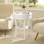 GOFLAME Round End Table with Drawer, 2-Tier Sofa Side Table with Solid Wood Legs, Open Storage Shelf, Vintage Accent Table, Display Table, Compact Nightstand for Living Room, White