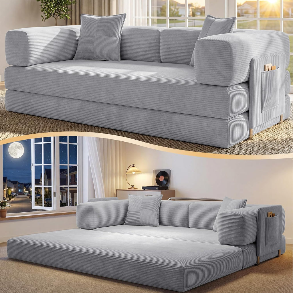 78.8" Convertible Futon Sofa Bed, Couch for Living Room | Corduroy Loveseat Sleeper Sofa, Modular Futon Couch with Storage Pocket, Pull Out Couch No Assembly | Grey