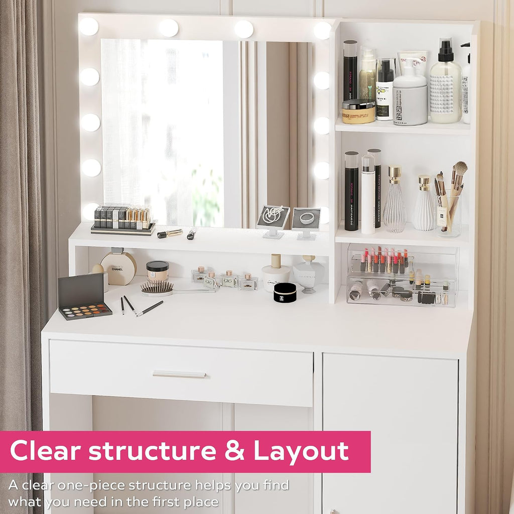 Palimder Vanity Desk with Mirror & Light, Large Drawer Three Level Storage Dresser, 3 Lighting Modes Adjustable Brightness, Bedroom Dressing Table