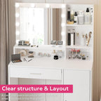 Palimder Vanity Desk with Mirror & Light, Large Drawer Three Level Storage Dresser, 3 Lighting Modes Adjustable Brightness, Bedroom Dressing Table