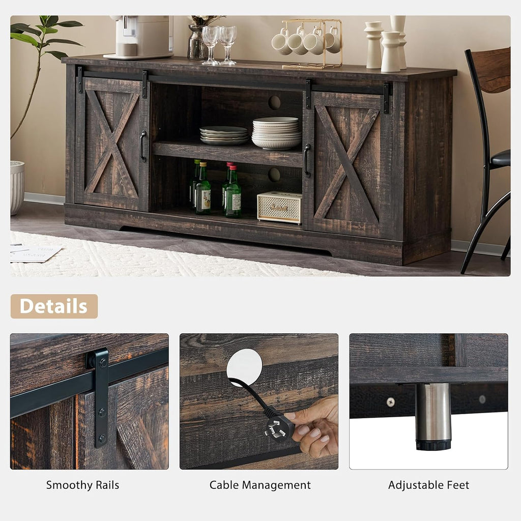 AMERLIFE 4 Piece Farmhouse Table Set with 66" TV Stand, Dark Oak | Coffee Table & 2 End Tables, TV Stand with Sliding Barn Door Design, Charging Station, USB Ports, Living Room Furniture