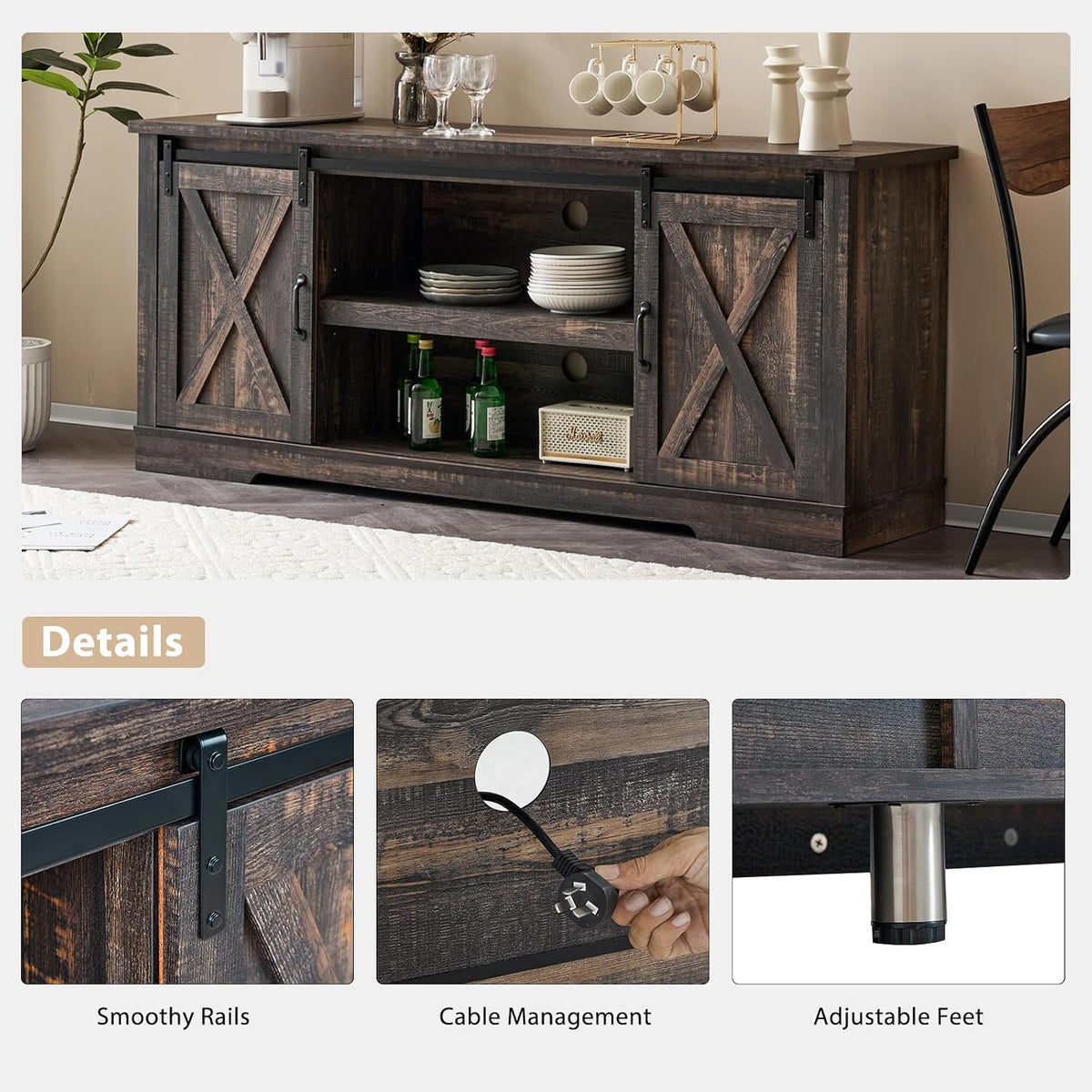 AMERLIFE 4 Piece Farmhouse Table Set with 66" TV Stand, Dark Oak | Coffee Table & 2 End Tables, TV Stand with Sliding Barn Door Design, Charging Station, USB Ports, Living Room Furniture