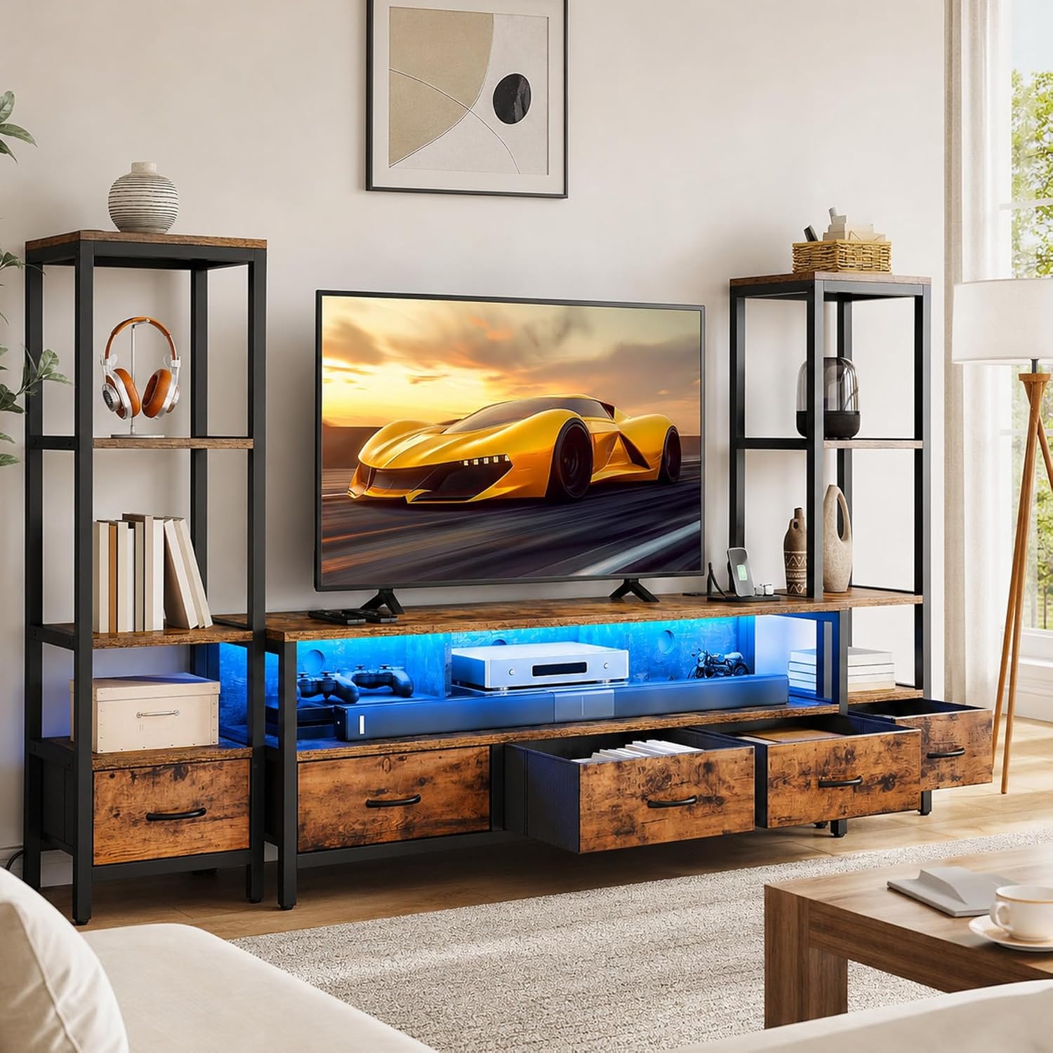 DWVO Industrial LED TV Stand for 65 Inch TVs, Entertainment Center with 2 4-Tier Bookshelves & Power Outlets, Media Console Table with 5 Drawers & Open Storage for Living Room, Rustic Brown