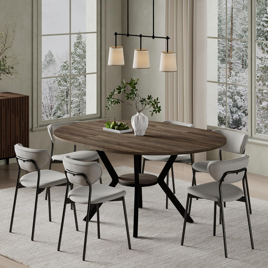 MECHYIN 42"-58" Extendable Round Dining Table for 4-6,with Storage Shelf | Space‑Saving Modern Oval Dining Table, Built‑in Flip Leaf, Sturdy Metal Legs, for Kitchen & Dining Room,Small Apartments