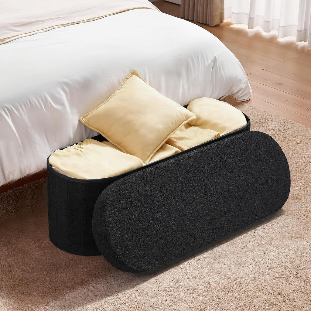 VEVOR Oval Storage Ottoman Bench, Foldable Teddy Fleece End of Bed Bench, Folding Upholstered Bed Ottoman Chest with Large Storage Space, Supports 660 lbs, for Living Room, Bedroom, Entryway, Black