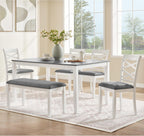 Merax 6-Piece Modern Dining Table Set with Chairs and Bench, Wood Kitchen Table Set for 4-6, Rectangular Kitchen Dining Table for Dining Room, Kitchen, Small Apartment, White+Gray