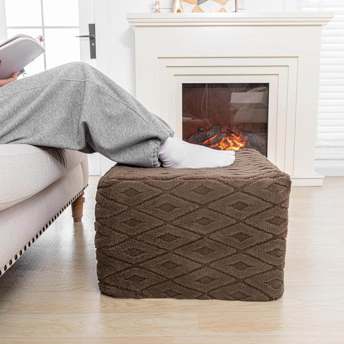 Fluffy Square Ottoman Pouf with All-in-One Foam Filling 20 x 14 Inches Furry Ottoman Foot Rest Foot Stool for Living Room or Bedroom (Coffee)
