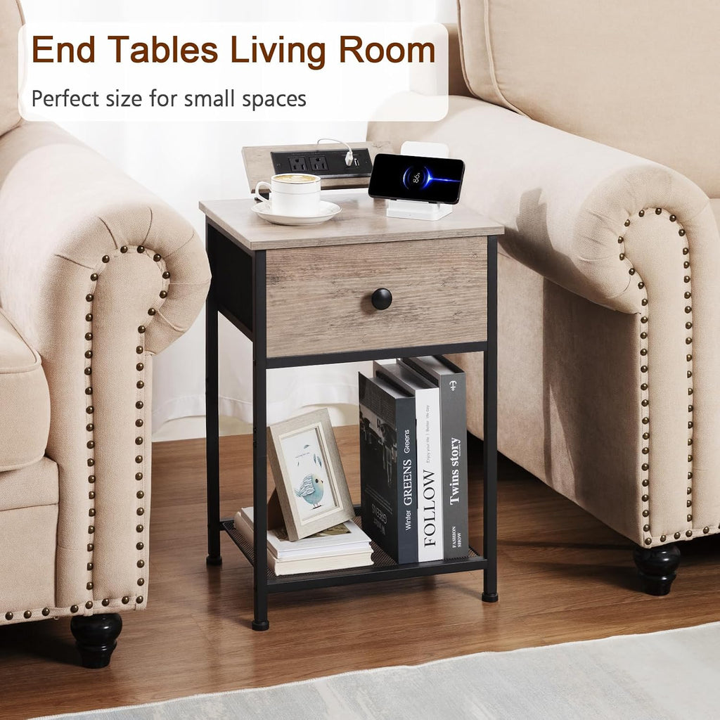 AMHANCIBLE Night Stand, End Tables Living Room Set of 2, Small Nightstand with Charging Station, Slim Bed Side Table with Fabric Storage Drawer for Bedroom, Small Space, Greige, HET03SDPGY