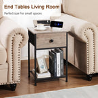 AMHANCIBLE Night Stand, End Tables Living Room Set of 2, Small Nightstand with Charging Station, Slim Bed Side Table with Fabric Storage Drawer for Bedroom, Small Space, Greige, HET03SDPGY