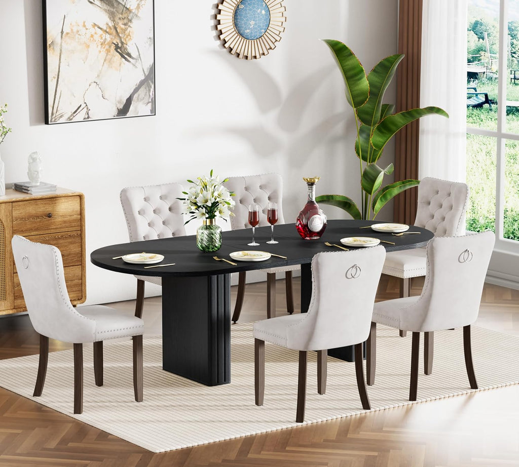 63"-79" Extendable Dining Table Set with 6 Beige Chairs, 7 Piece Oval Kitchen Dining Room Table Set for 6, Modern Space-Saving Expandable Large Dinner Tables Set with Double Pedestal Base,Black