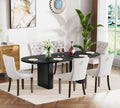63"-79" Extendable Dining Table Set with 6 Beige Chairs, 7 Piece Oval Kitchen Dining Room Table Set for 6, Modern Space-Saving Expandable Large Dinner Tables Set with Double Pedestal Base,Black