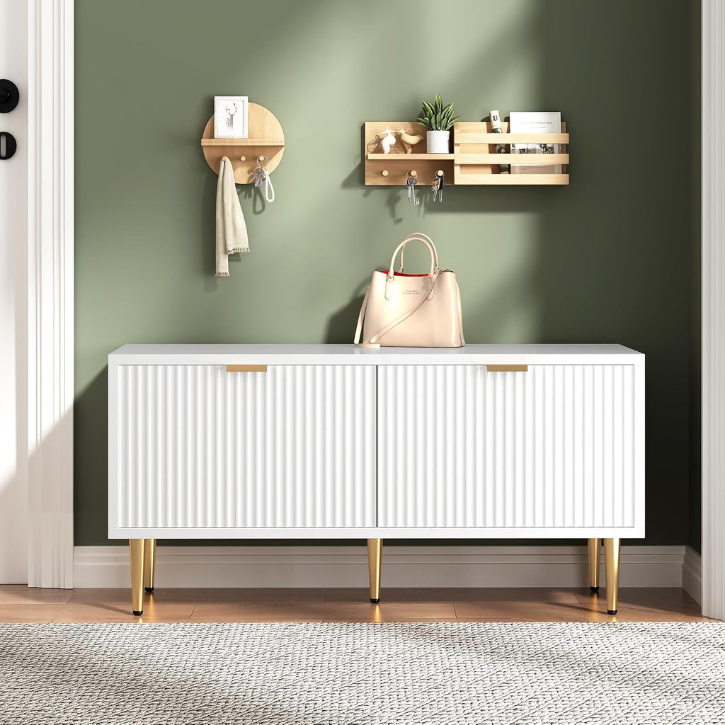 Garvee Shoe Storage Bench for Entryway, Modern Fluted Shoe Cabinet with Storage, Compact Wooden Mudroom Bench for Hallway, Foyer, Entrance, Front Door, White