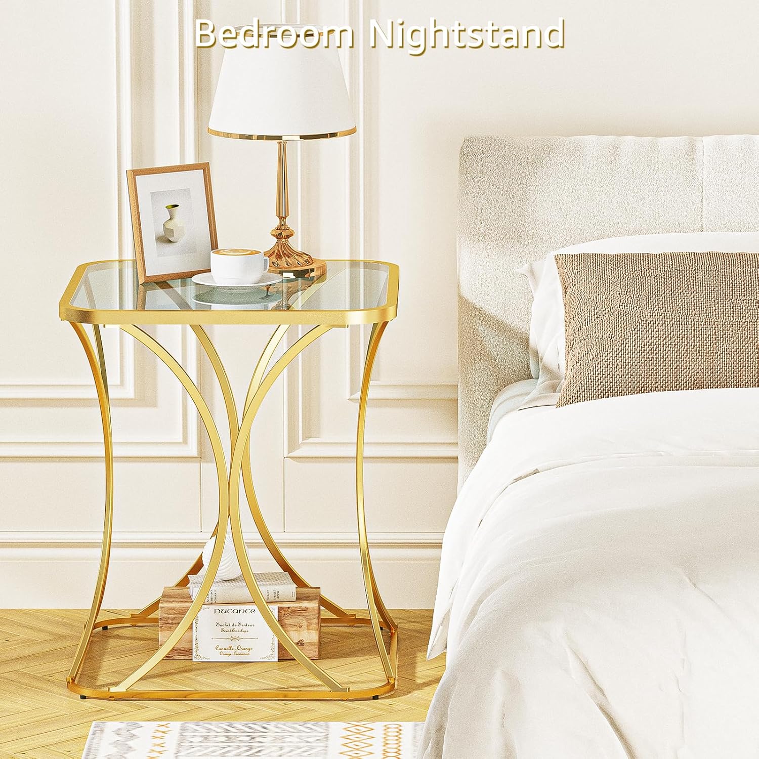 19.68" Square End Table with Tempered Glass Top, Stylish X-Shaped Metal Frame, Living Room Coffee Table, Sofa Side Table, Accent Tables for Small Spaces, Modern Bedside Table (Gold)